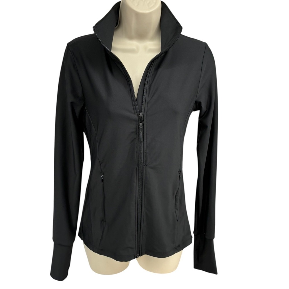 Aqua Athletic Black Zip Up Jacket Small Stretch Track Jacket Thumbholes‎ NWOT